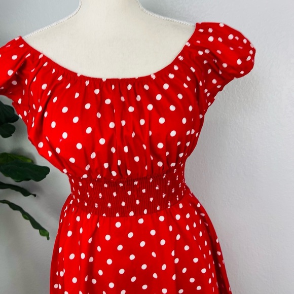 Red Retro 1950s Polka Dot Smock Swing Dress - Picture 3 of 8